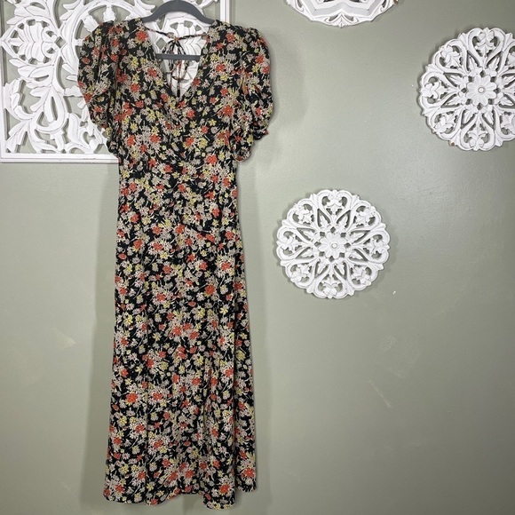 Top Shop Midi Grunge Floral Dress Puff Sleeve Orange Black - Picture 1 of 16